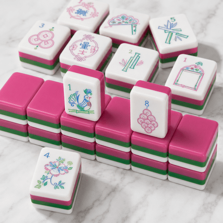 Luxury Acrylic American Mahjong Tiles Set, 160 Premium Floral Engraved Mahjong Tiles with Hot Pink Back, Lime Green Core, Elegant Mahjong Game for Adults,board game for family