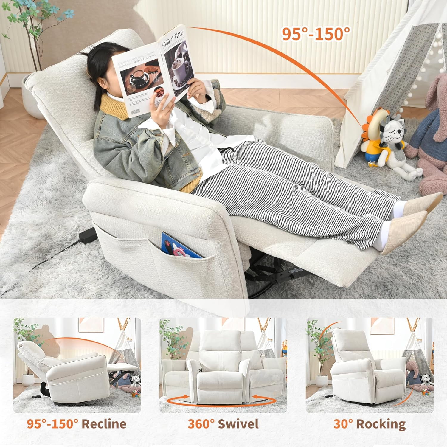 Howcool Power Swivel Rocker Recliner Chair for Nursery, Upholstered 270° Swivel Glider Chair with USB Ports, Power Recliners for Small Spaces Living Room,Gray