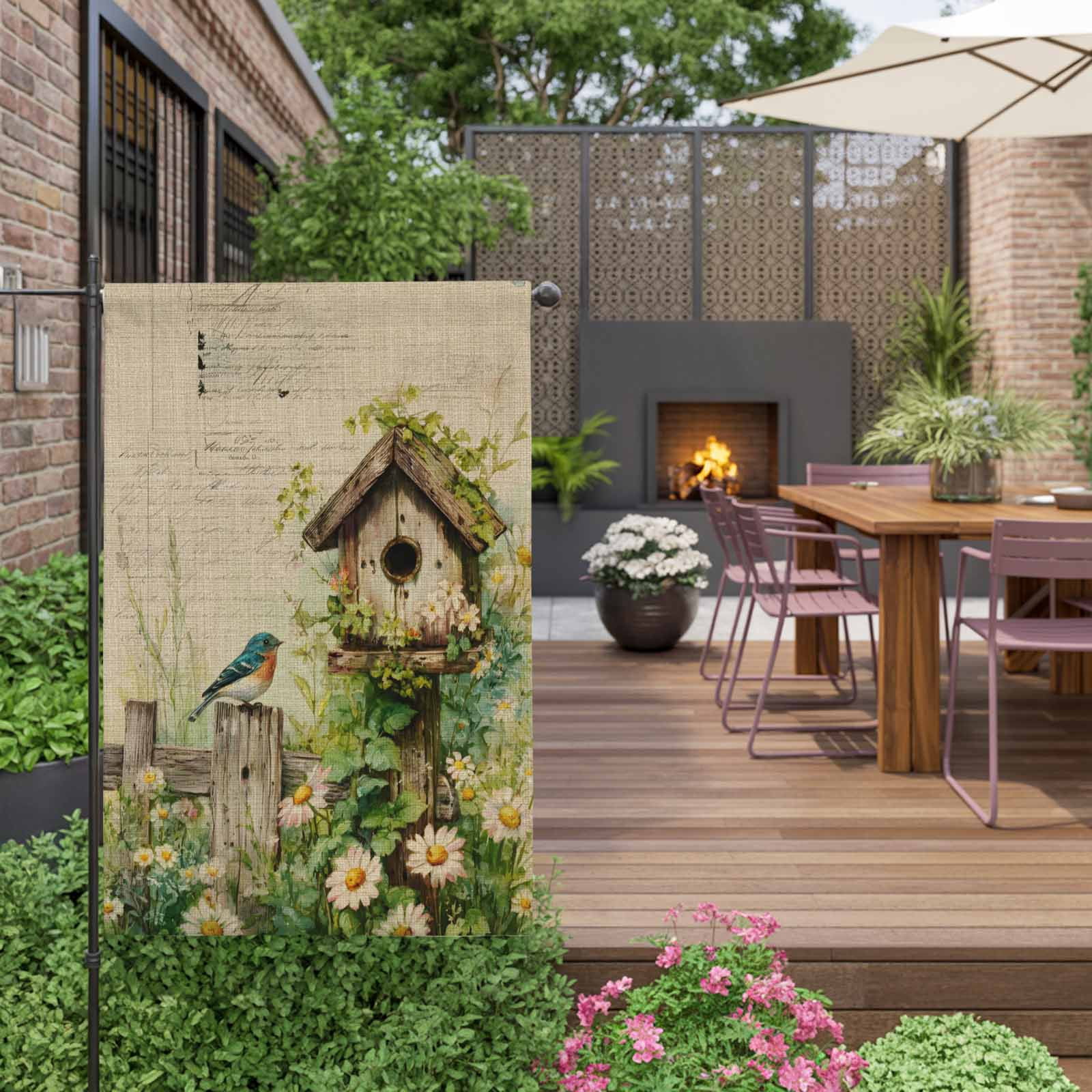 Spring Florals House Flag 28 x 40 Inches, Vintage Bird House Fence White Daisy Leaf Linen Texture Weather Proof Outdoor Patio Flags Double Sided Small House Decoration for Yard Lawn Outside Home
