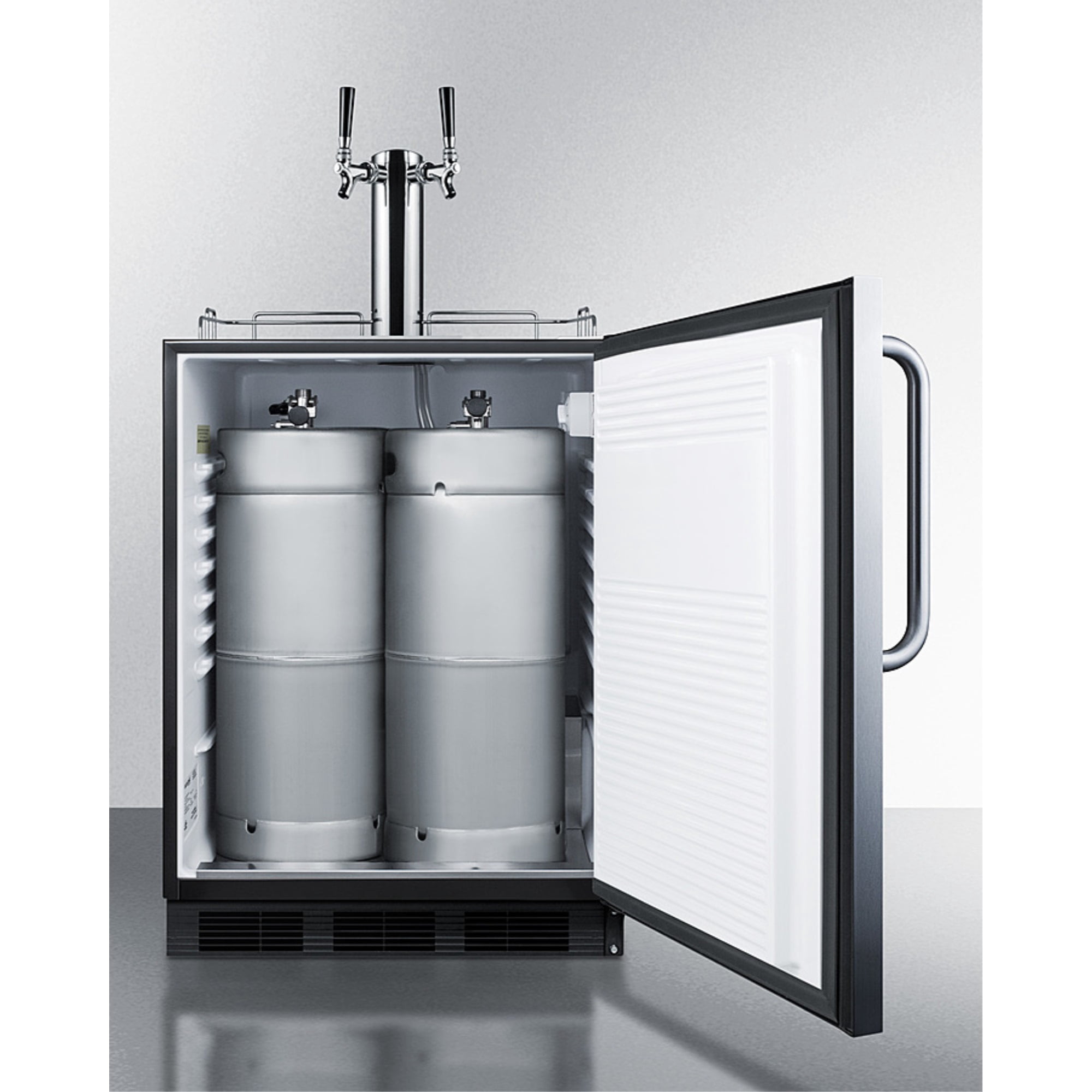 Built-in kegerator for use under ADA compliant counters with dual tap kit for two 1/6 kegs