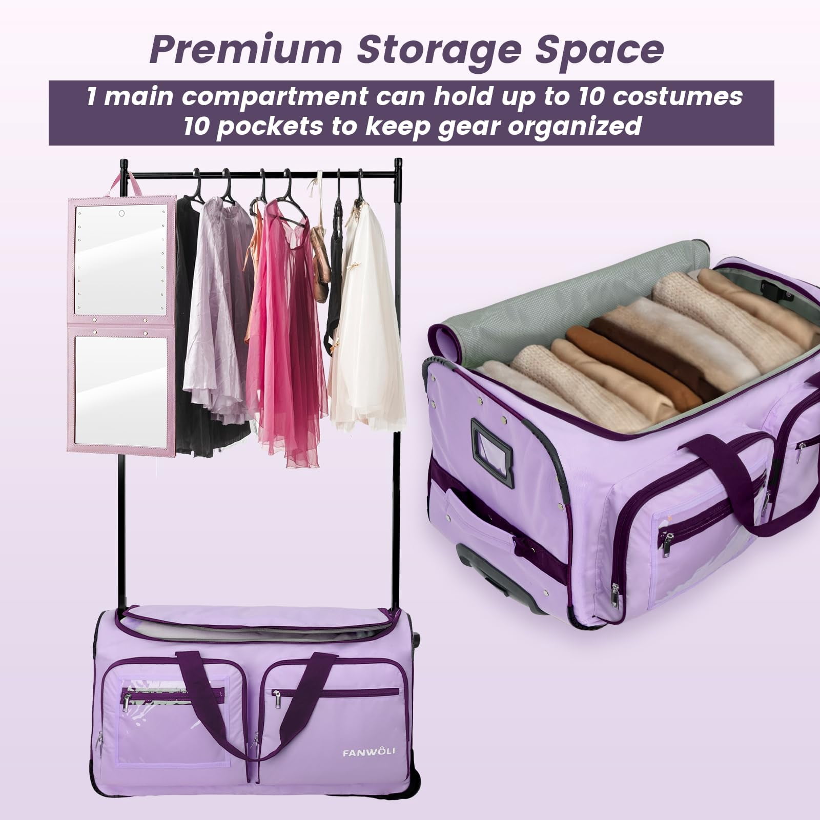 Fegat Dance Bag with Garment Rack, 23" Foldable Rolling Dance Bags Duffel Bag with Privacy Cover, Costume Suitcase for Dancers Shows Athletes