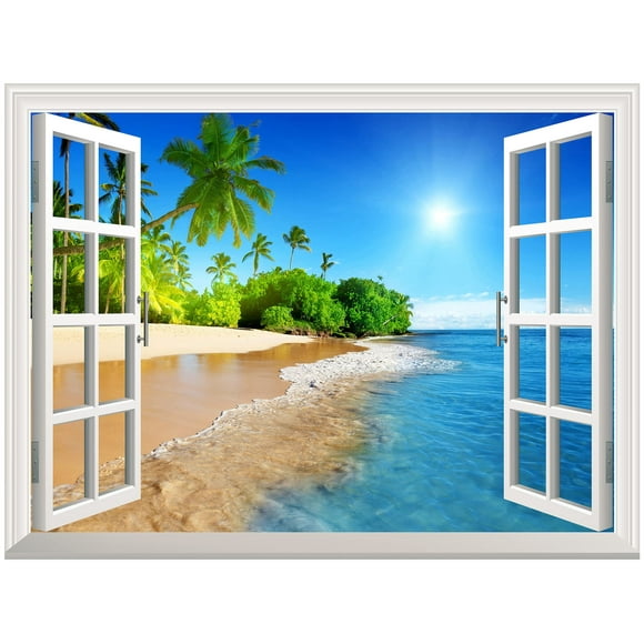 Autocollant Mural de Fenêtre Ouverte Plage Blanche avec Mer Bleue et Palmier - 24"x32 Pouces