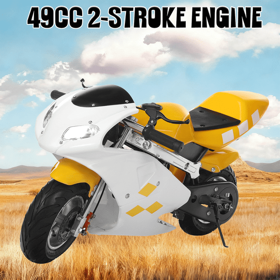Seipouy 49cc 2-Stroke Pocket Rocket Motorcycle, Gas Pocket Motorbike with Front Rear Disc Brakes, Realistic Racing Max Speed 20MPH, Mini Bike Max Weight 170 LB, Dual Headlights, Kids Gift
