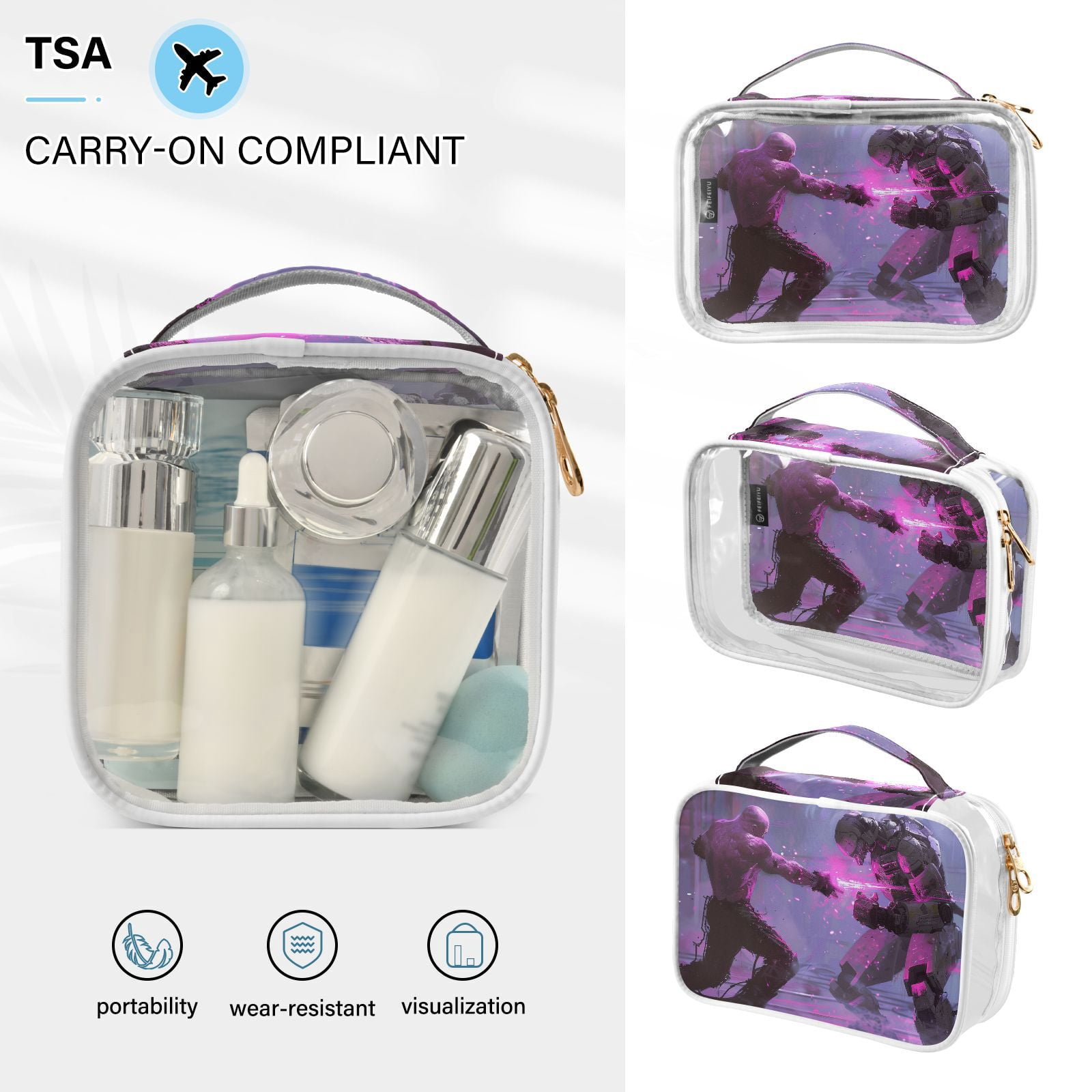 Clear Makeup Bags with Handle Large Opening 2 Pack Set Toiletry Bag Quart Size Bag, for Women Man Traveling Travel Essentials, Toiletries and Other. Game Graphic Capture