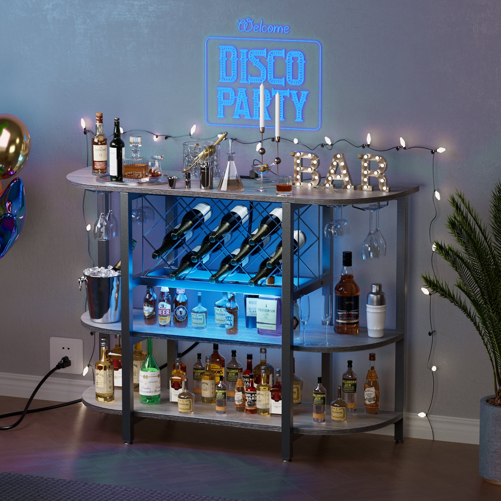 EDX 47-inch LED Home Bar with Charging Station, Storage & Glass Holders, Grey
