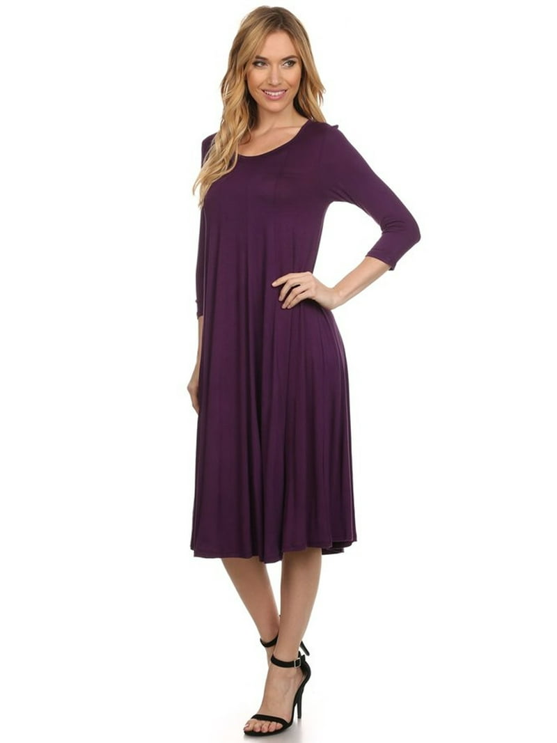 Moa Collection Women's Trendy Style 3/4 Sleeves Casual Solid Midi Maxi Dress, Size: Small, Purple
