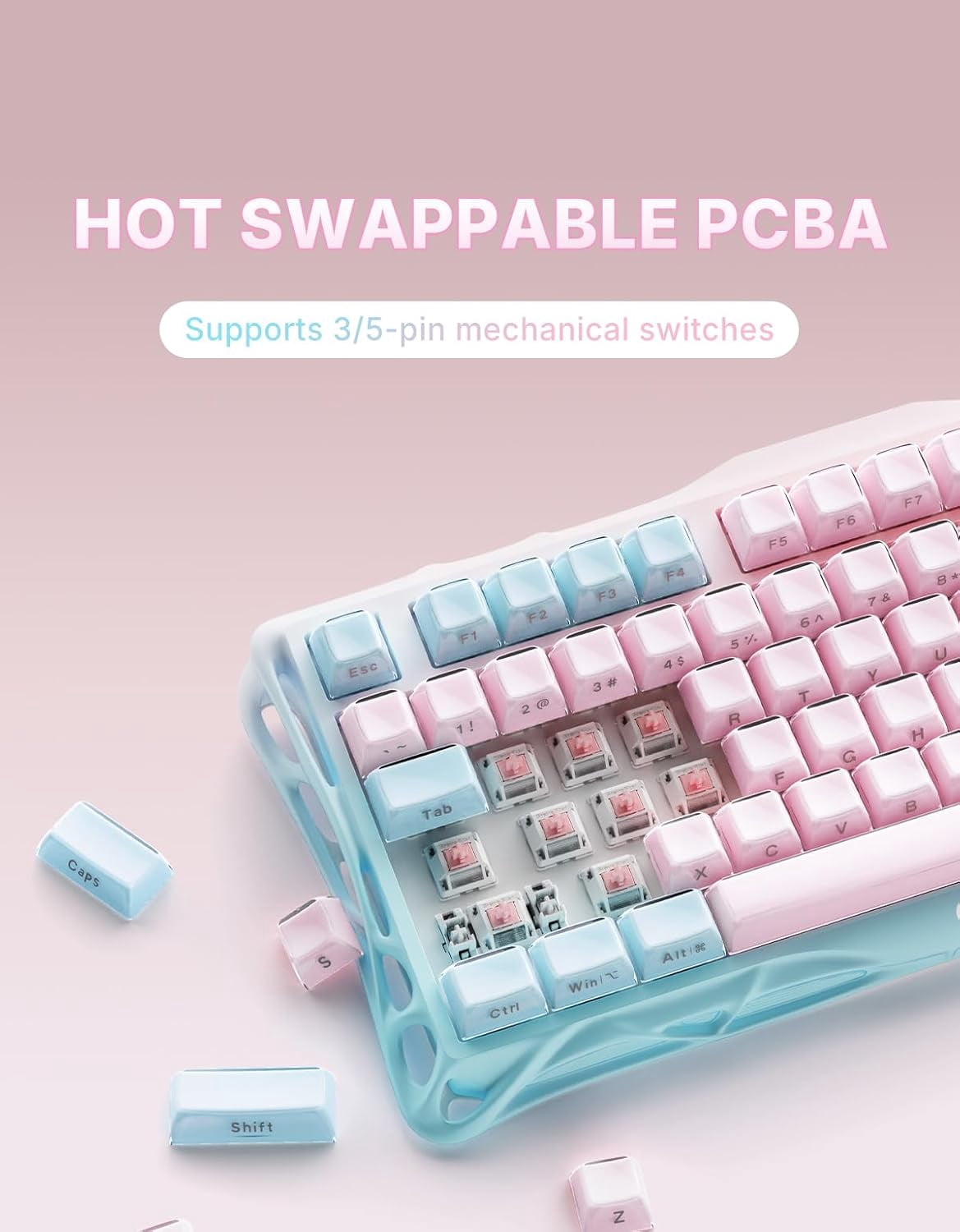 GravaStar Mercury K1 Lite 75% Gaming Keyboard, 2.4GHz/BT/Wired Tri-Mode Wireless Keyboard, Gasket Hot Swappable Mechanical Keyboard, Pre-lubed Linear Switches, Jelly Keycaps, RGB Backlit -Lumen Rose