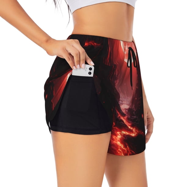 Balery Red Moon Lava Pantalones cortos deportivos para mujer con forro y dos bolsillos, elásticos, para entrenamiento, gimnasio, yoga-Small