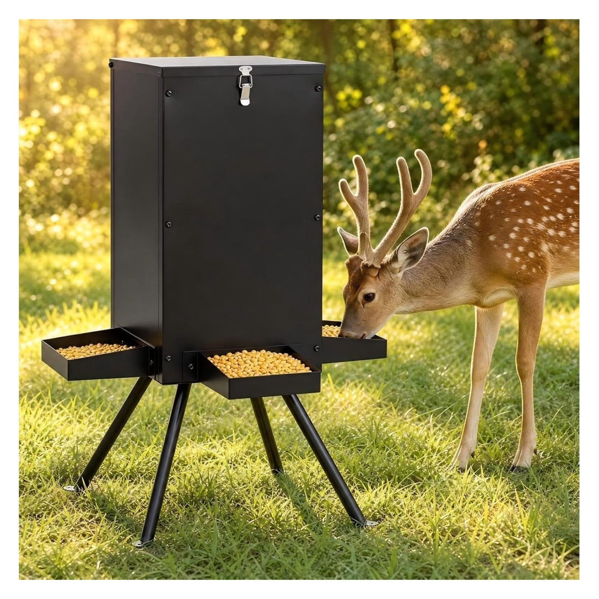 90 lbs Deer Feeder Gravity Feeders with 4 Trays 14 Gallon Capacity Game Feeder for Hunting and Ranch Galvanized Steel Wildlife Feeder with Locking and Ground Pegs Heavy Duty Outdoor Design