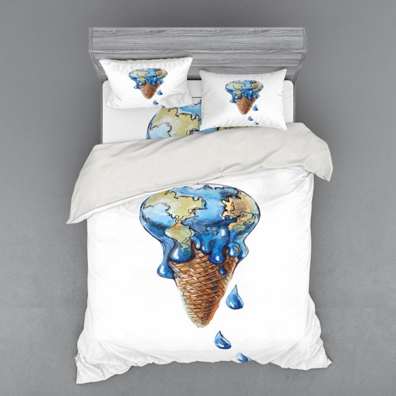 Ambesonne Ice Cream Bedding Set 4 Pcs, Globe Planet Earth Flavor, Queen, Pale Caramel Violet Blue