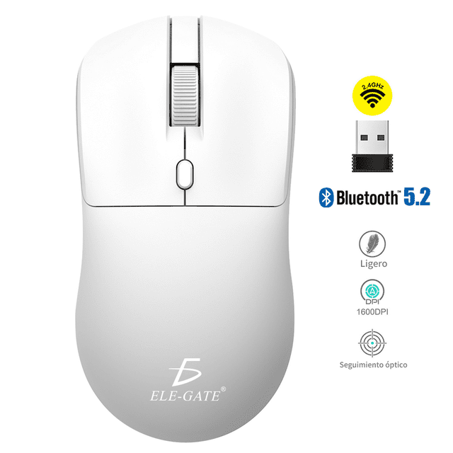 Mouse Inalámbrico Bluetooth 5.2 + 2.4G Óptico 1600 DPI Blanco ELE-GATE Ligero Ergonómico