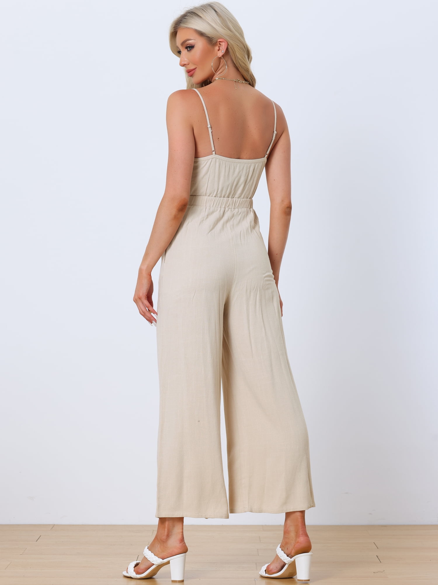 Unique Bargains Women's Jumpsuit Casual Spaghetti Strap Cut Out Wide Leg Romper S Beige