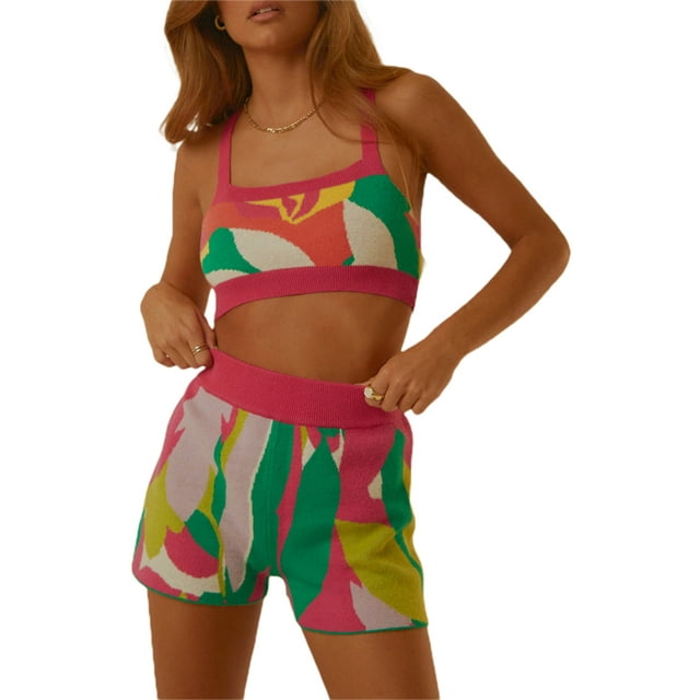 Gupgi Ensemble Tricoté 2 Pcs pour Femmes, Haut Court Sans Manches en Crochet et Short