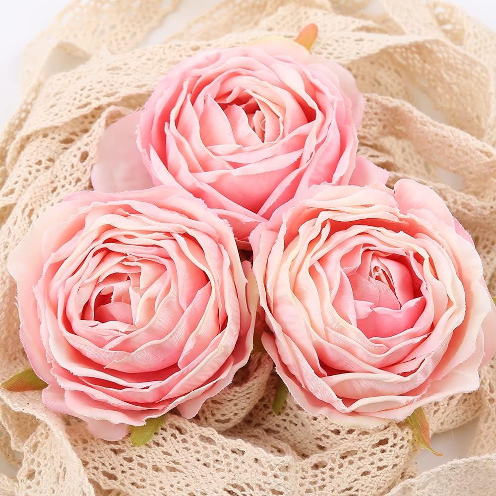 Pink Flowers Silk Rose Heads Pink Fake Roses Artificial Flowers Real Touch Pink Roses for Wall Decoration Fake Flowers Bouquet Silk Roses Flower Heads Bulk for Wedding Centerpieces (Pink)