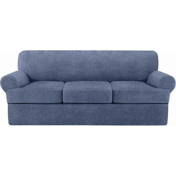 4-Piece T Cushion Sofa Covers - Blue Gray, 3 Individual T-Shape Seat Covers, Soft Protectors for 3-Cushion Couch