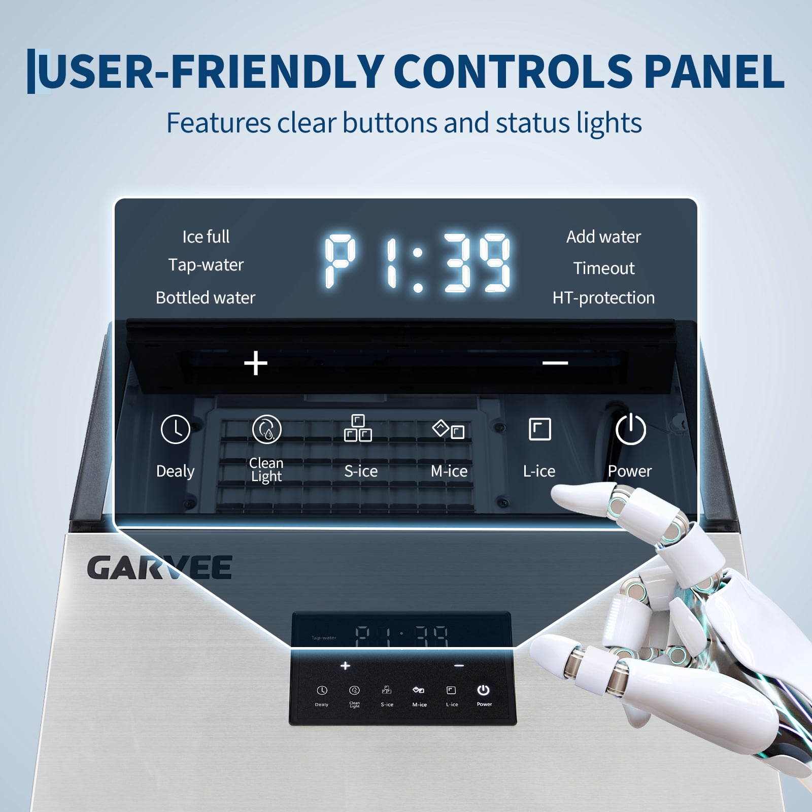 Garvee Commercial Ice Maker Machine, Dual Water Inlet, 120V/60Hz Stainless Steel Ice Maker with Adjustable Ice Thickness, Smart Control Panel, Fast 15-Min Ice Cycle for Home Bar Kitchen Office