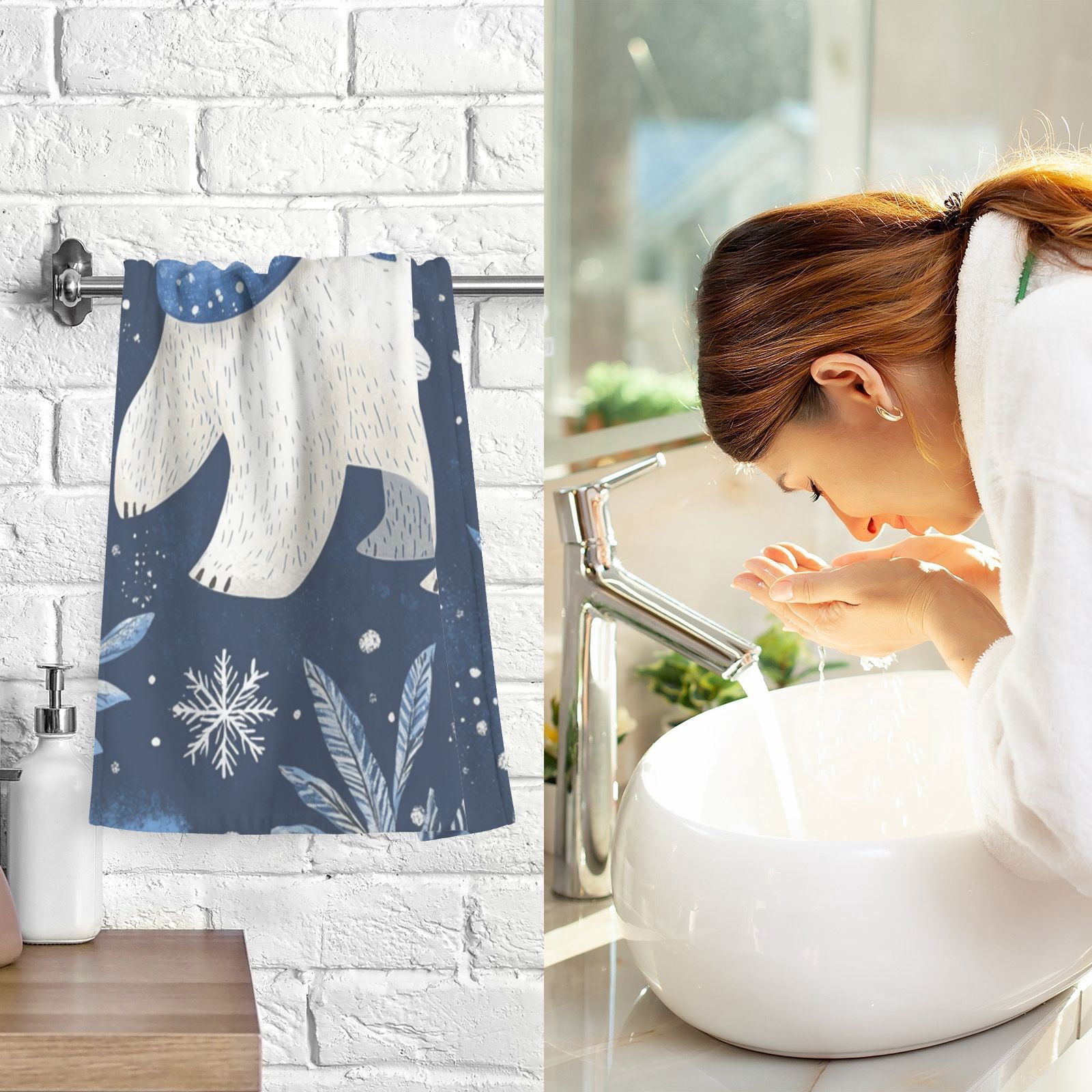 Leaves Polar Bears Hand Towels Cotton Bath Towels Large Face Towels Absorbent for Bathroom 2 Packs