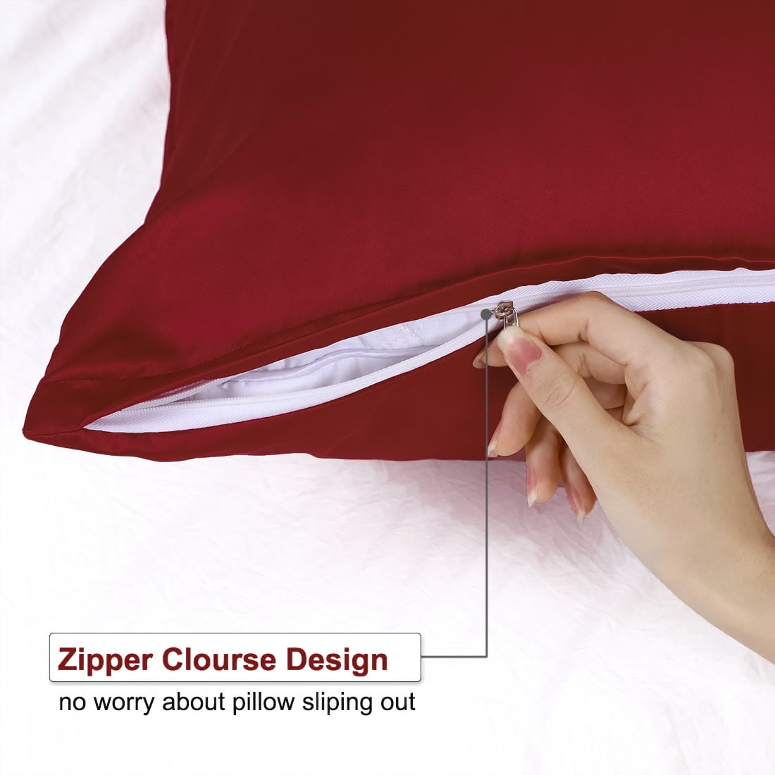 Unique Bargains Pillow Covers Silky Satin Zipper Pillowcases Set of 2 Wine Red 21" x 27"