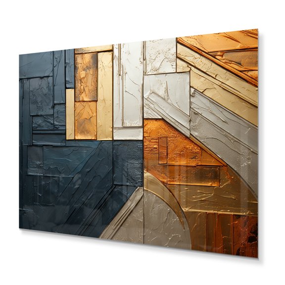 Designart "Gleaming Geometry Gold Grey painting II" Abstract Collages Metal Wall Art