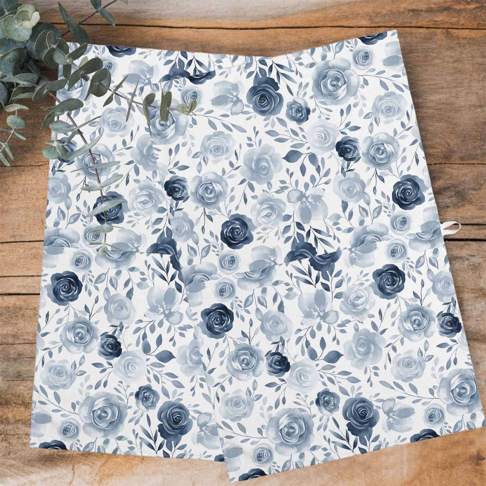 Blue Flowers Kitchen Towels Set of 2, Water Absorbent Dish Towel, Watercolor Rustic Retro Floral Leaf Vines Decorative Hand Towels - Quick Drying Cloth for Cooking Baking, 18x28 Inch