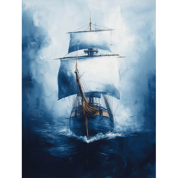 Qisvanset 12x16 Inch 2D Flat Framed Canvas Art, Whale Pirate Ship Watercolor Nautical Nursery Home Wall Art Decor