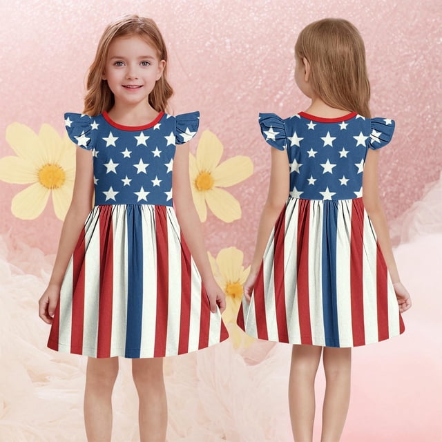 QTBIUQ Robe Patchwork à Col Rond Imprimé Jour de l'Indépendance pour Fille Manches Courtes Courtes Taille Cintrée Décontractée Quotidienne Polyvalente Vacances Fête Jeu Ensemble d'Été Style Mignon et à la Mode (Bleu, 12 Ans)