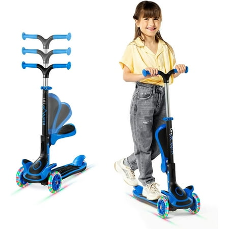 Kids Scooter – Foldable Seat – LED Wheel Lights Illuminate When Rolling – Children and Toddler 3 Wheel Kick Scooter – Adjustable Handlebar – Indoor and Outdoor- Blue - by Lifemaster