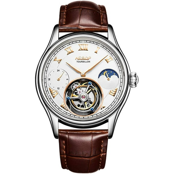 AESOP Real Tourbillon Skeleton Hand-Wind Mechanical Wrist Watch Men Sapphire Crystal Manual Dress Clock Man Luminous Leather Moon Phase Multifunction