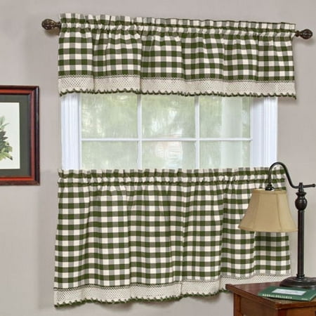 Macrame Lace Curtains - Buffalo Check Tier Curtains and Valance Set, Macrame Lace Border Trim, 24