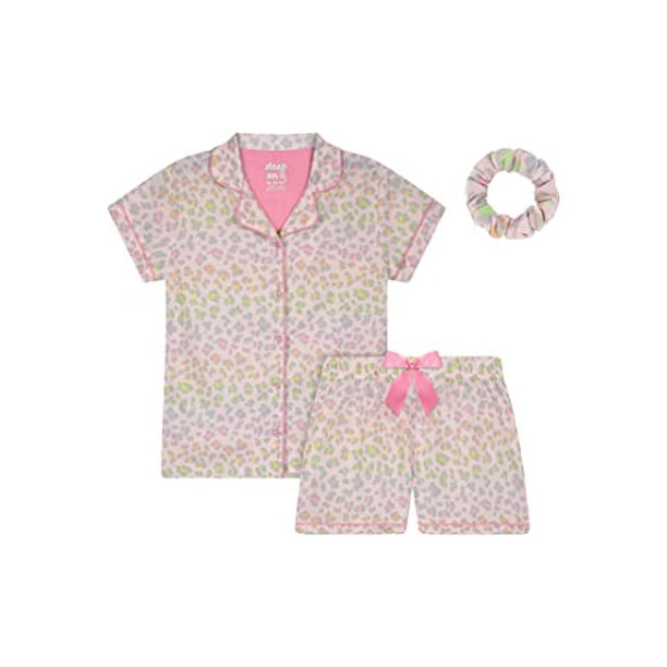 Girls Pajamas Button down Short Sleeve Collared Coat Set Summer Pajamas for girls sleepwear Pink 7 8