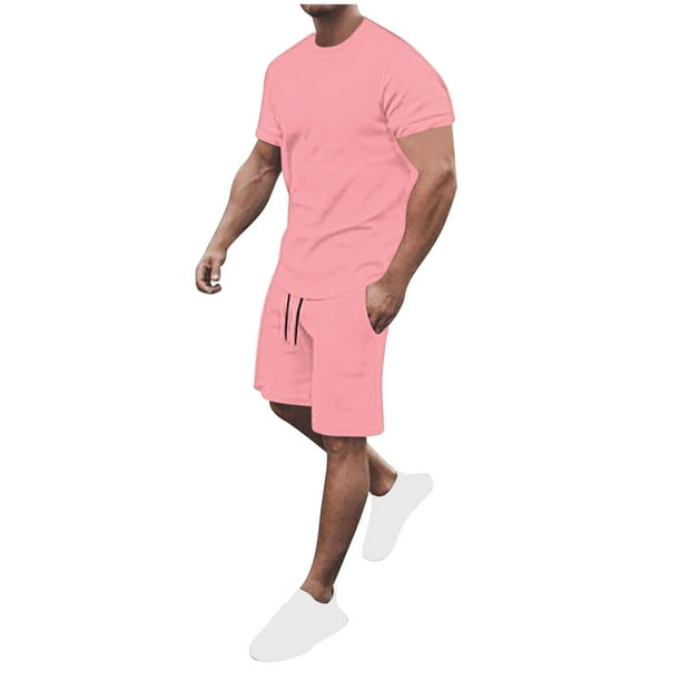 Conjunto de Manga Corta para Hombres, Top Deportivo Respirable de Verano Y Pantalones Cortos de Cinco Puntos en Color Sólido, Cuello Redondo para la Playa Y el Gimnasio