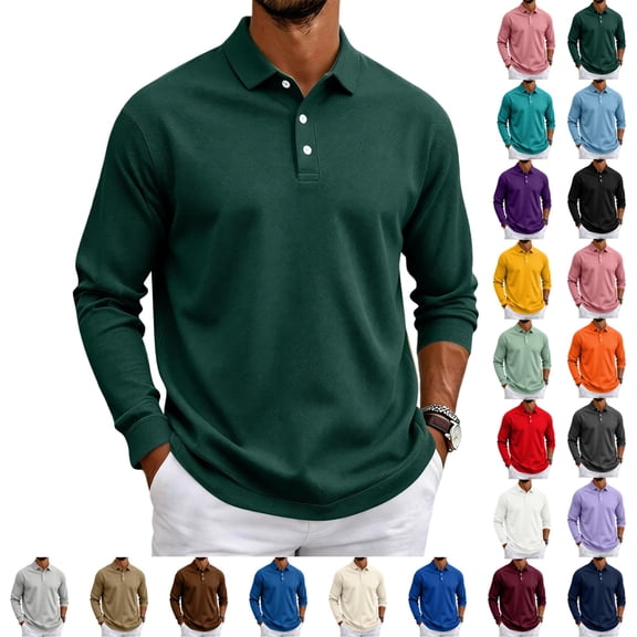 UDAUDU Men's Long Sleeve Polo Shirt Button Collared Casual Work Pullover Top Relaxed Fit Solid Color Fall Golf Polo Shirts XL