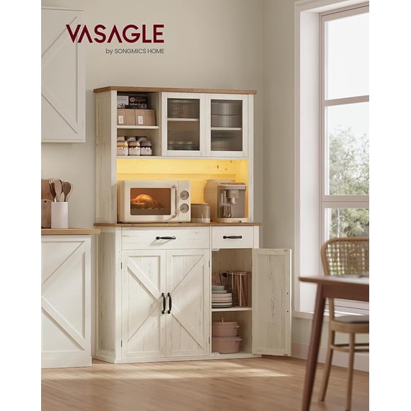 VASAGLE Pantry Cabinet with Lights and Charging Station, Kitchen Storage Cabinet with Doors and Drawers, 39.5 x 106.5 x 180.6 cm, Adjustable Shelves, Farmhouse Style, Rustic White