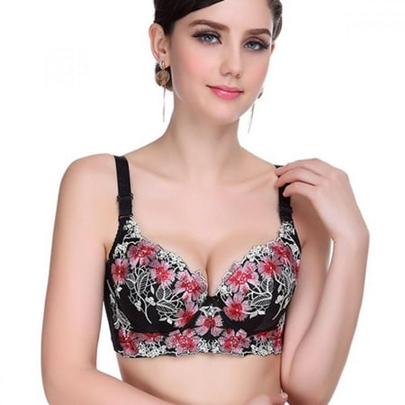 

Women Thin Section Embroidered Side Support Push Up Plunge Gather Underwired Adjustable Bras Black 36C