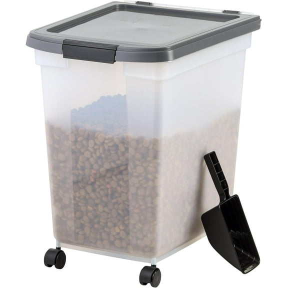 IRIS USA Dog Food Storage Container 50 lbs, with Removable Rolling Wheels & Included Scoop, for Dog Cat Bird and Other Pets, Clear/Dark Gray