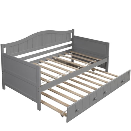 Twin Wooden Daybed with Trundle Bed  Sofa Bed for Bedroom Living Room  Gray