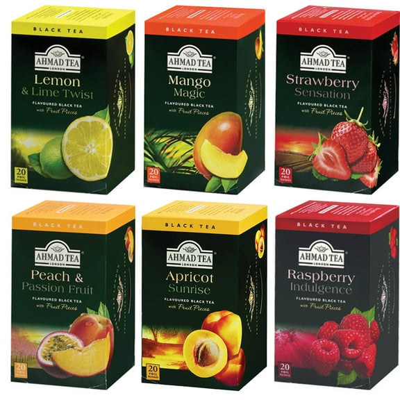 Ahmad Black Tea Pack with Lemon and Lime, Magic, Peach and Passion Fruit, Vanilla Tranquility, Strawberry Sensation & Raspberry Indulgence, 20 bags each (Pack of 6)