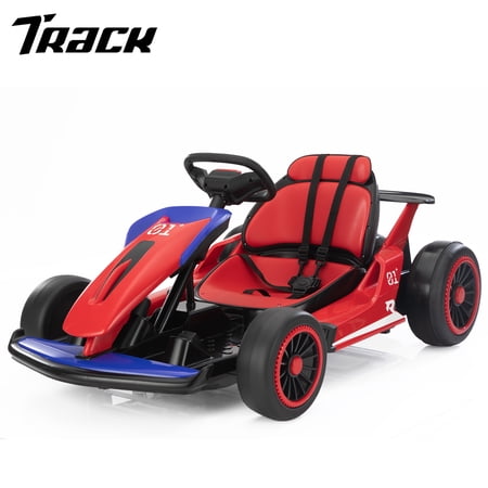 Track Seven 24V Electric Ride-On Go Kart for Kids, Drift Kart with 5 MPH Max Speed, High/Low Speed, Accelerator Pedal, Music, Safety Belt, Battery-Powered Drifting Car for Children (RoseBlue)