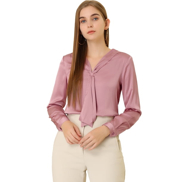Camisa De Oficina De Trabajo Para Mujer Blusas De Satén Elegantes De Manga Larga Con Cuello De Lazo Rosa empolvado M