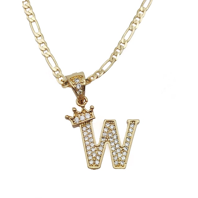 Cadena y dije de brillos con corona de oro laminado letra W