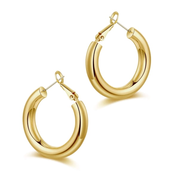 TINGN Chunky Gold Hoop Earrings for Women S925 Sterling Silver Post 14K Gold Plated Thick Tube Lightweight Hollow Hoops Earrings for Women