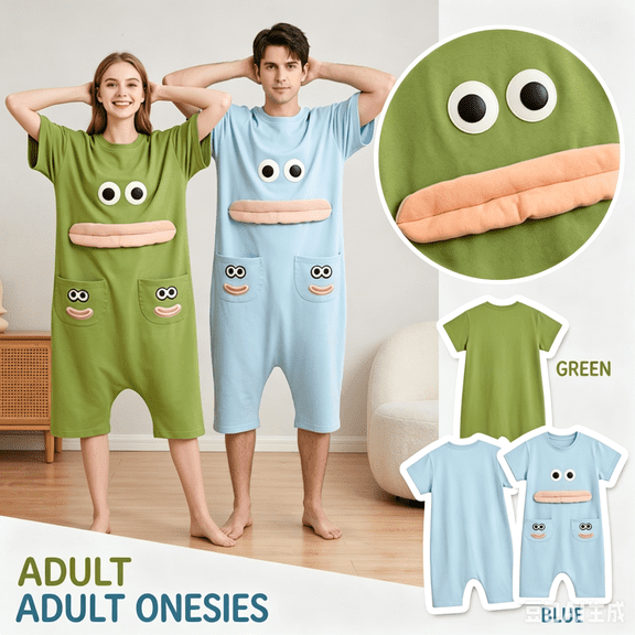 Stralyhd Funny Big Mouth Monster Onesie Pajamas Oversized Silly Monster Onesie Short Sleeve One Piece Loungewear Casual Home Pajama Green M