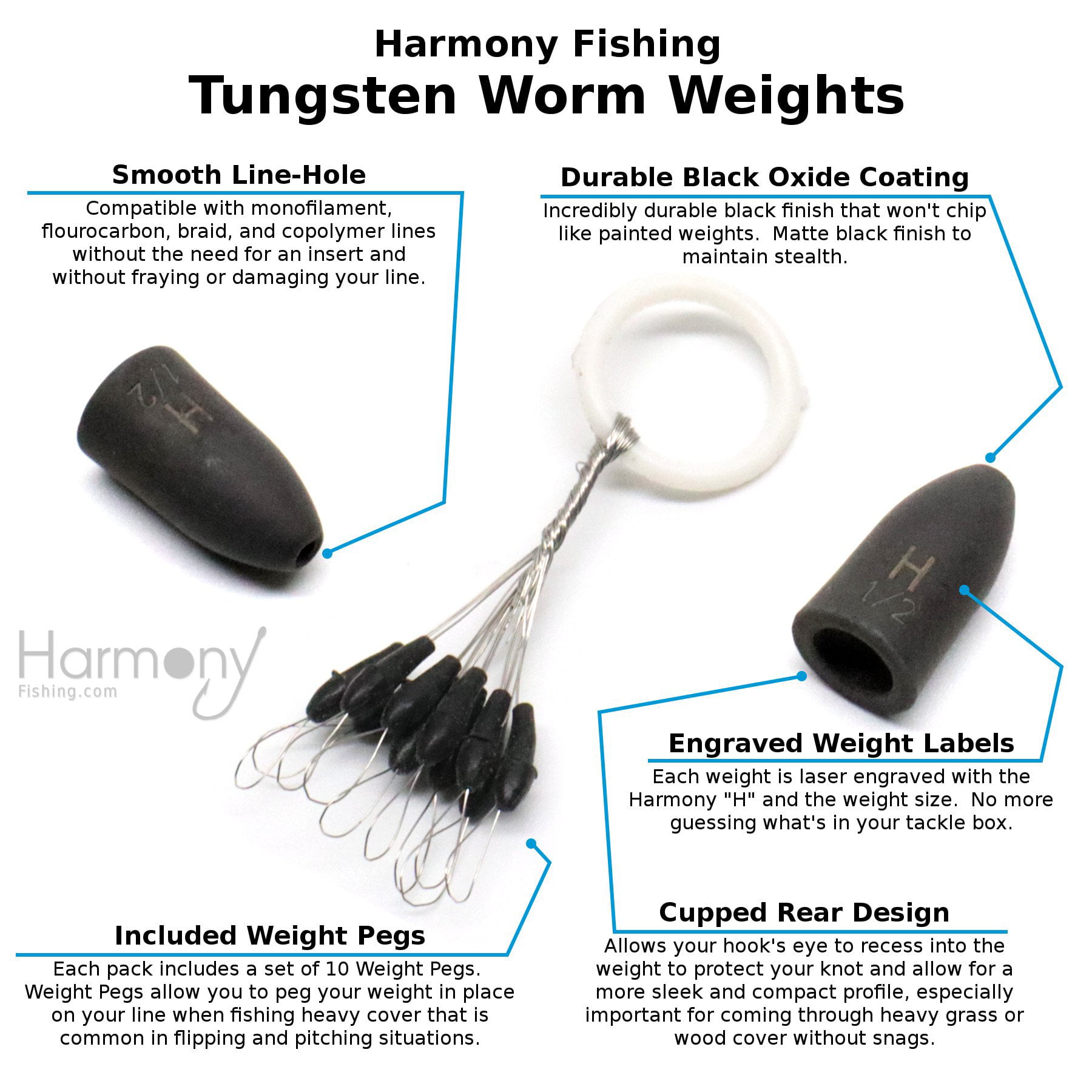 Harmony Fishing - Tungsten Worm Weights & Weight Pegs Select Size/Qty for  bass fishing 1/16 oz 8 Pack 
