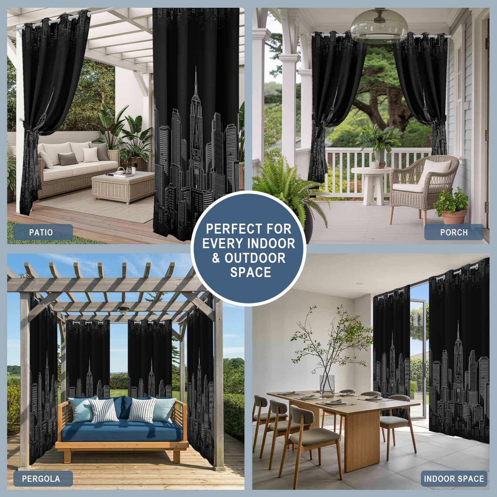 Modern Art Outdoor Curtains for Patio, Black and White Skyscrapers Night City Minimalist Sunshade Privacy Drapes Grommet Waterproof Outside Curtains for Porch/Cabana/Balcony 54"x 108", 1 Panel