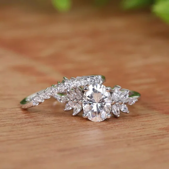 Women's Wedding Lovely Bridal Set Ring 2Ct Oval Cut Lab Created Diamond 14k White Gold Plated