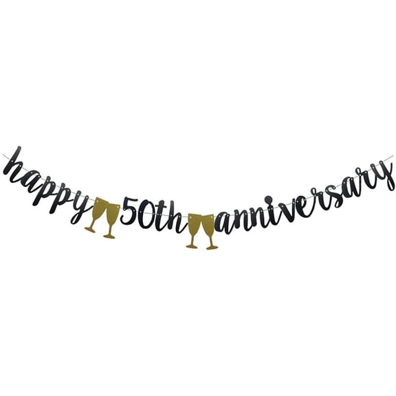 Happy 50TH Anniversary Banner,Pre-Strung, Black Paper Glitter Party Decorations For 50TH Wedding Anniversary Party Supplies Letters Black