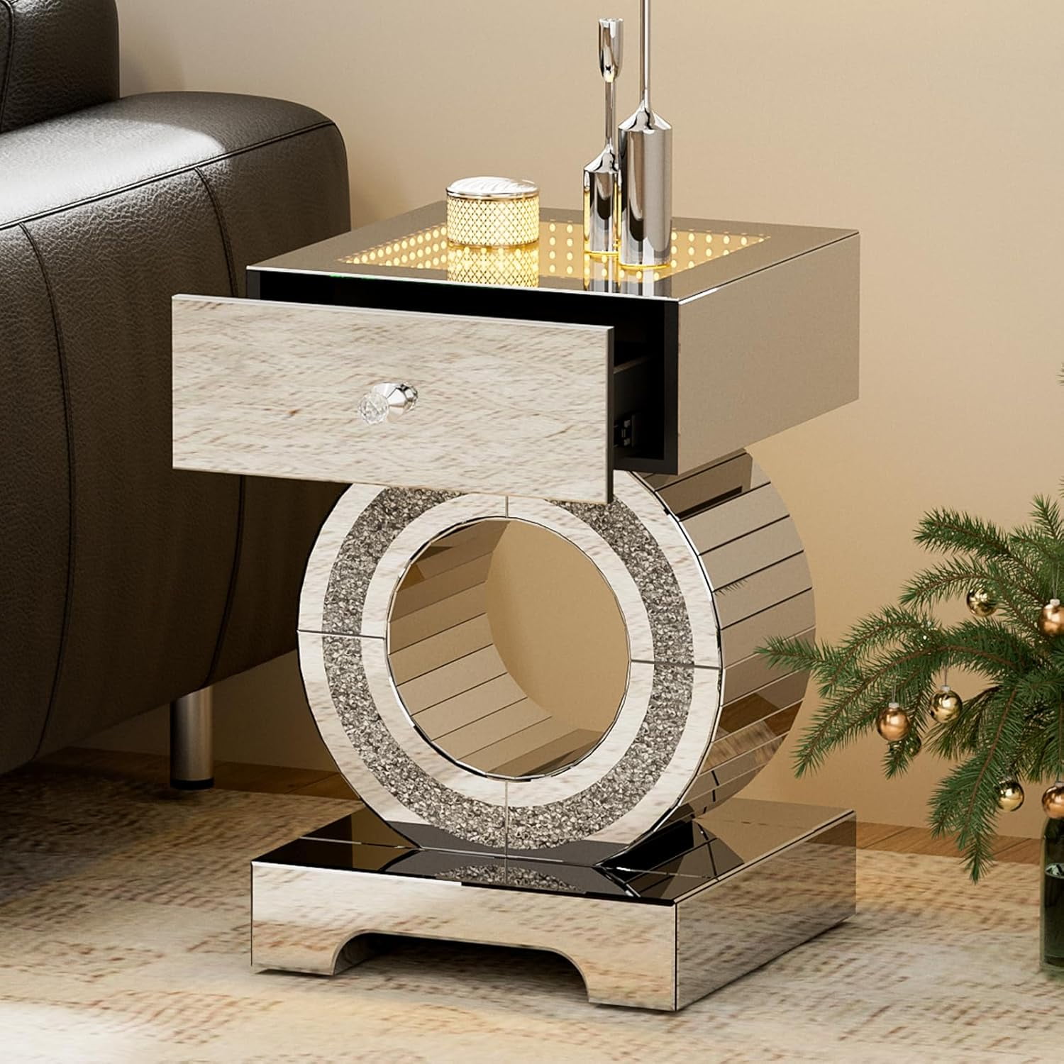 ARICOEASY End Tables for Living Room with Drawer, Console Table with Crushed Diamond Inlay and LED Lights For Living Room Bedroom