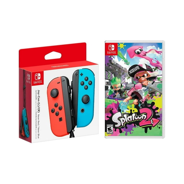 Nintendo Switch Joy-Con (L/R) - Néon Rouge/bleu Néon + Splatoon 2 (Disque de Jeu), Console Non Incluse, Console Non Incluse