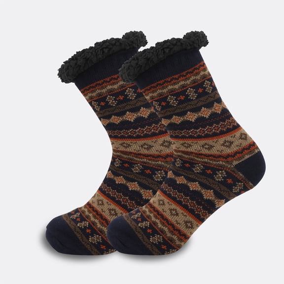 Men Sherpa Lined Slipper Socks, Vintage Ethnic Geometric Knit Non Slip Gripper Winter Warm Sock