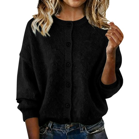 Holzkary Button Down Cardigans Sweater for Women Loose Crewneck Long Sleeve Knitted Casual Oversize Cropped Pullover Fall Trendy Winter Fashin 2026 Business Casual Sweaters for Women Black 3Xl